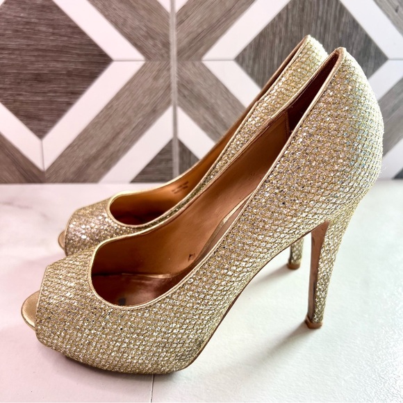 Badgley Mischka Humbie II Gold Glitter Sparkle Peep toe Platform size 7.5 - Picture 3 of 11